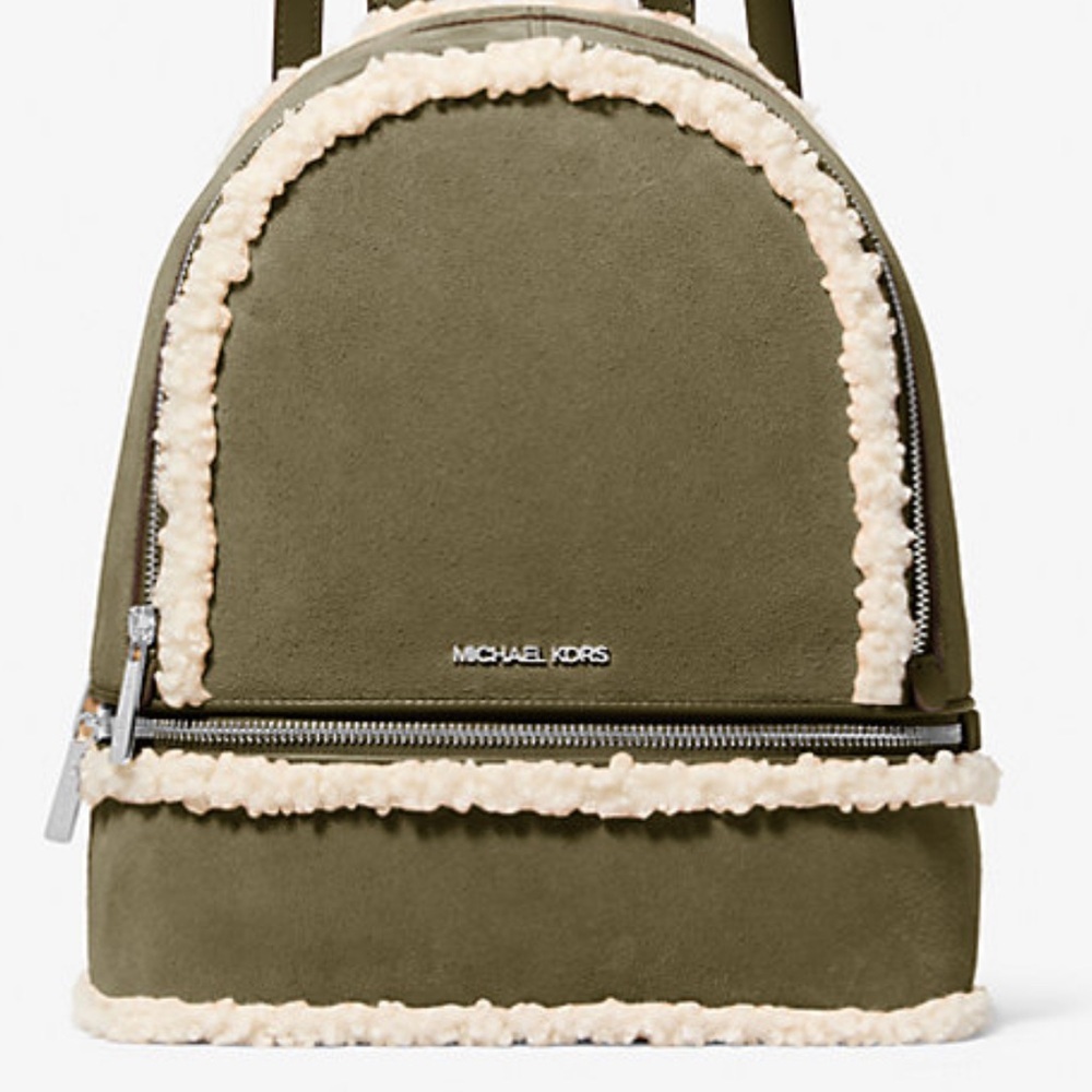 MICHAEL KORS Rhea Medium Suede and Faux Shearling Backpack
Olive 
NWT